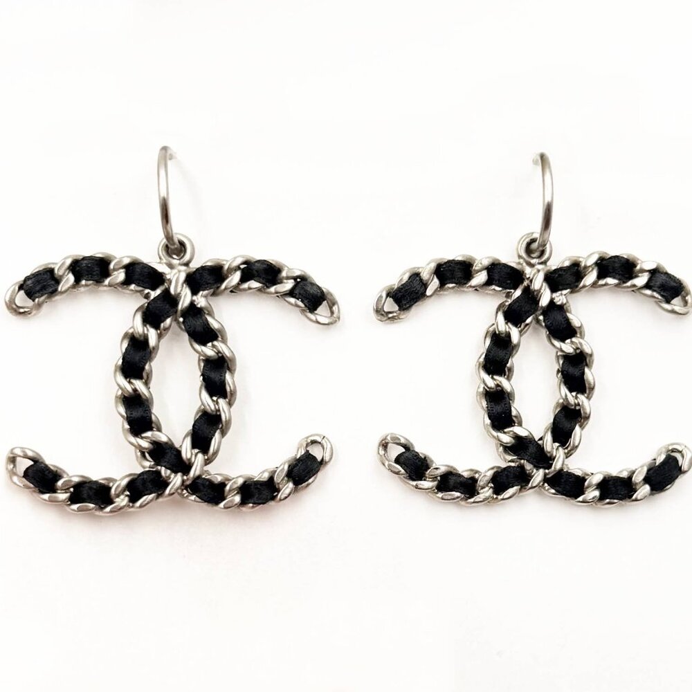 Chanel Silver CC Chain Black Ribbon XL Hoop Earrings